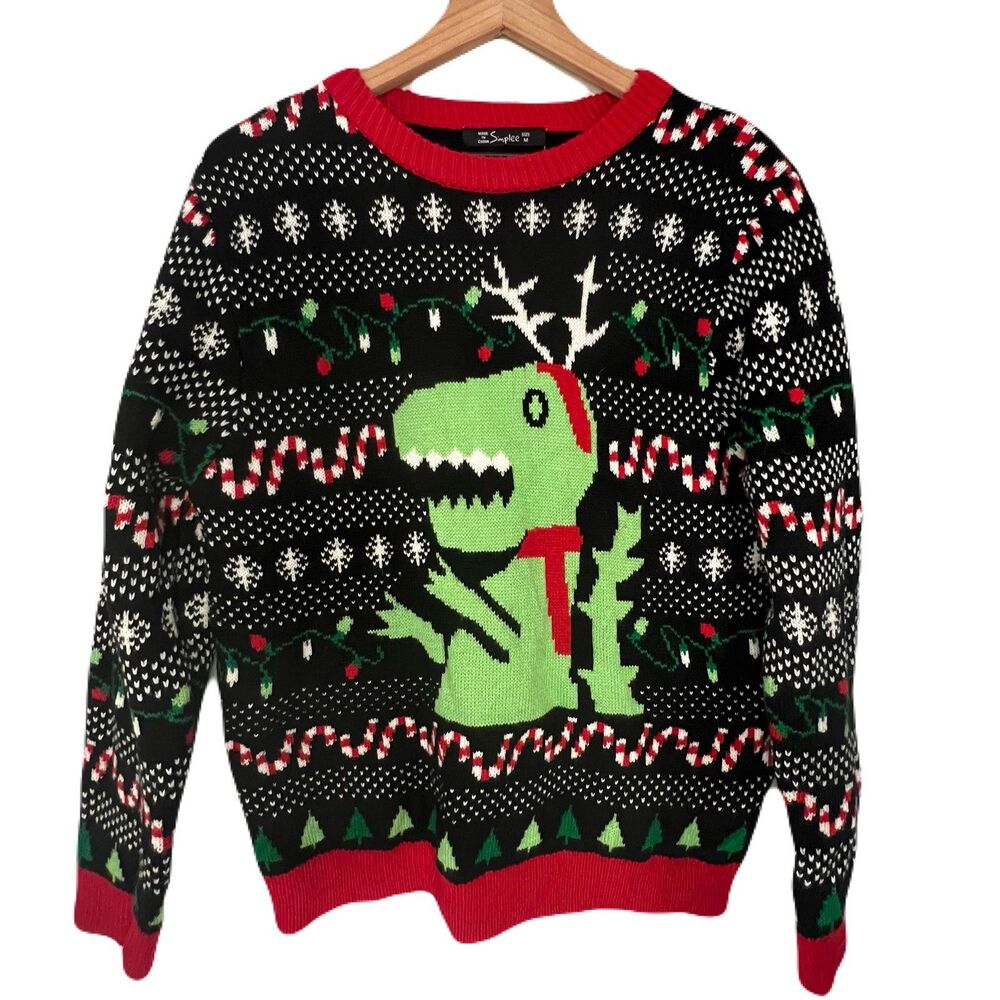 Simplee Ugly Christmas Sweater Mens Dinosaur Candy Cane Festive - Medium‎